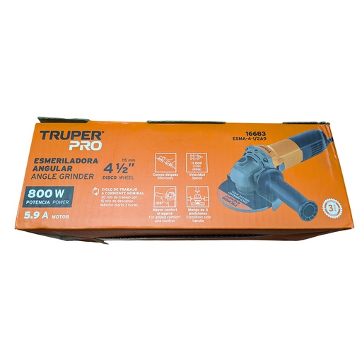 [7d52df4a-13e1-4f3d-8fe0-ec52401e3606] Esmeriladora angular 4-1/2" 800W profesional Truper PRO ESMA-4-1/2A9