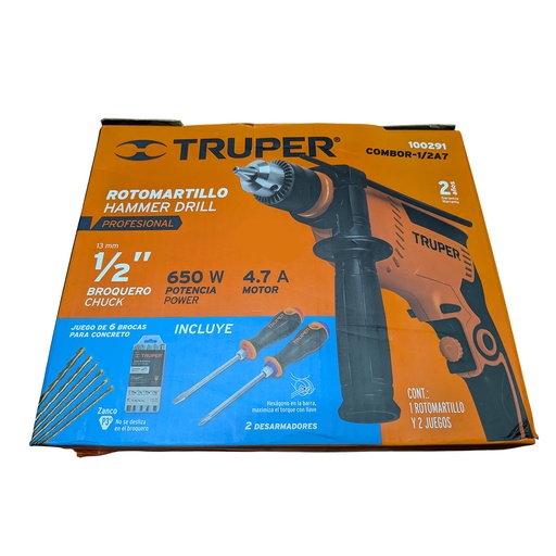 [58548dc6-ae1c-4978-ab6e-7c5a288fcc23] Rotomartillo Profesional Truper 650W de 1/2" con Juego de Brocas y Desarmadores (Combo 9 piezas)