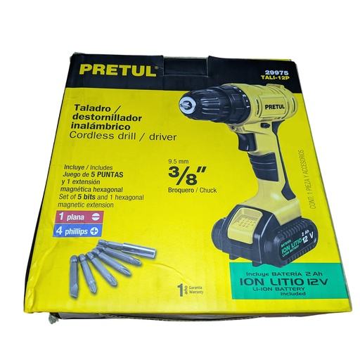 [1d3b6c17-6ab9-4e5f-a300-176ddcc78f88] Taladro Atornillador Inalámbrico Pretul 12V con Batería de Ion-Litio 2Ah y Accesorios